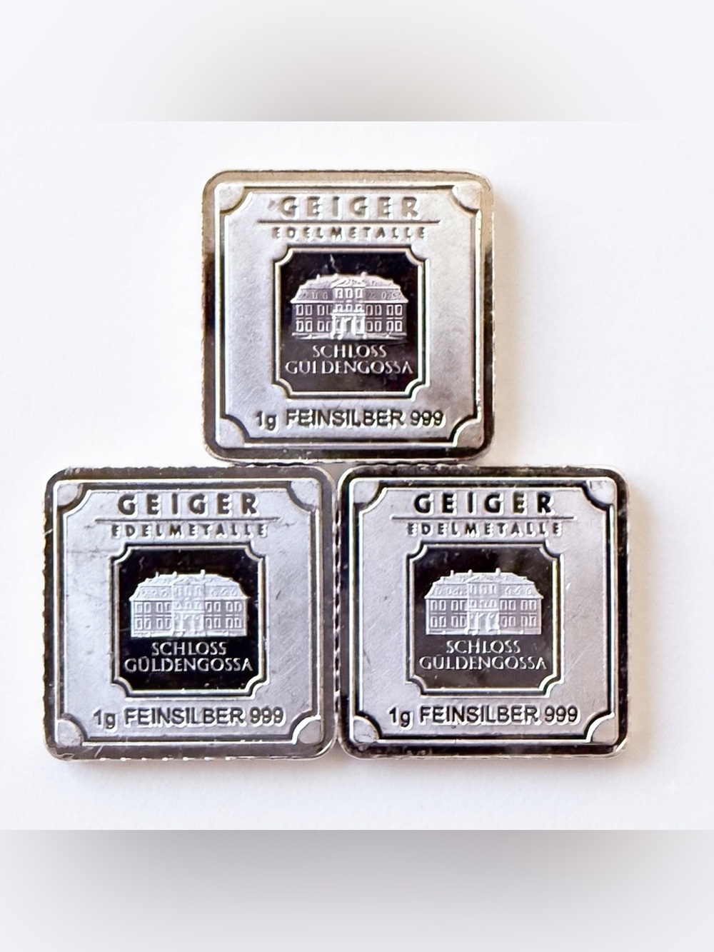 Lot of 3 Geiger Edelmetalle 1 Gram Pure Silver (.999 Fine), Loose Square Bars